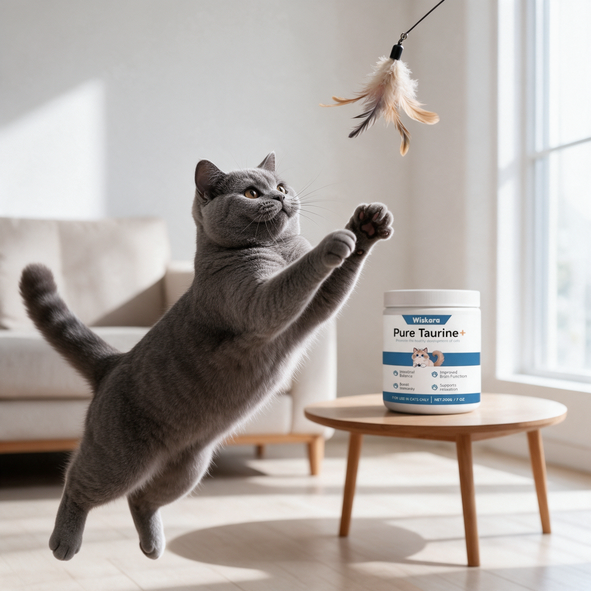 Playful healthy cat with Wiskara jar