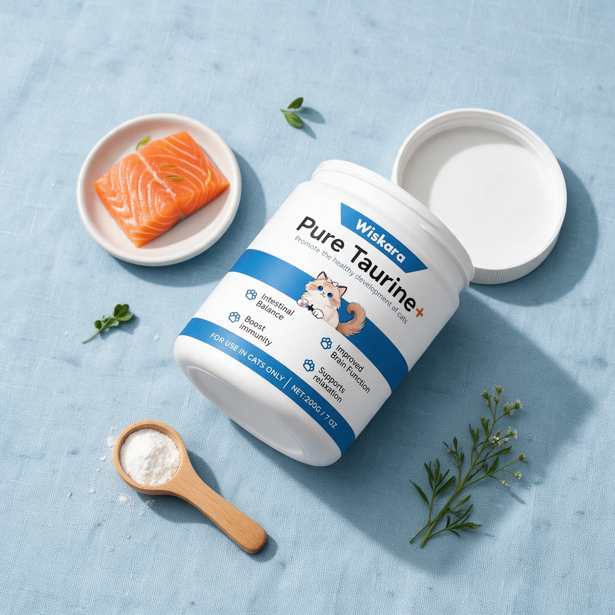 Pure Taurine+ jar with scoop and salmon