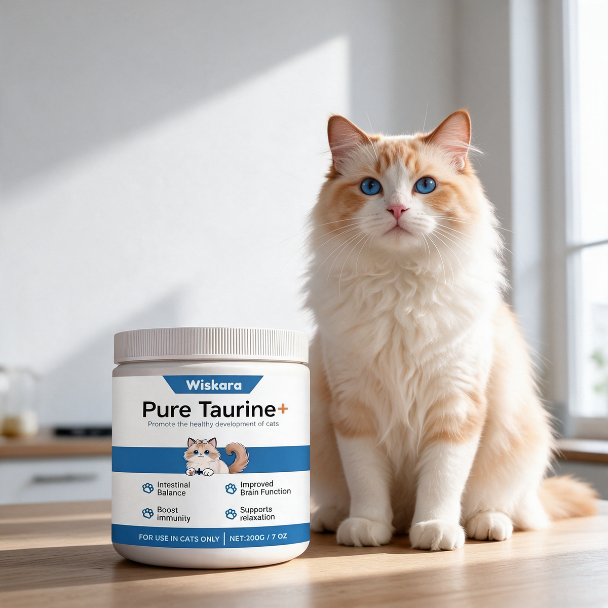 Ragdoll cat sitting next to Wiskara Pure Taurine+