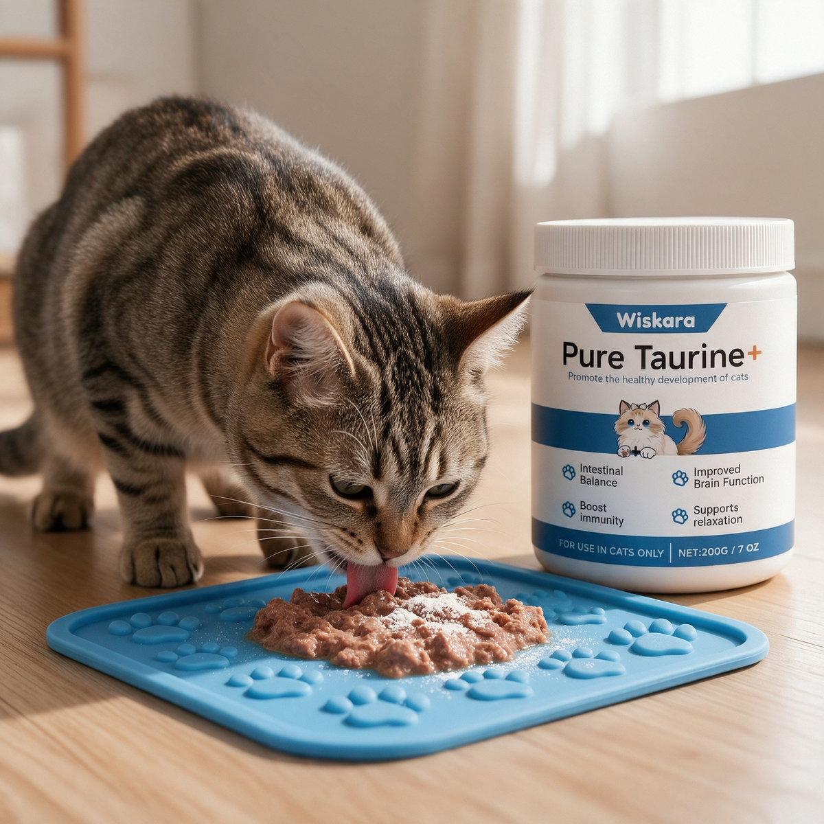 Cat enjoying food mixed with Pure Taurine+ on the free lick mat