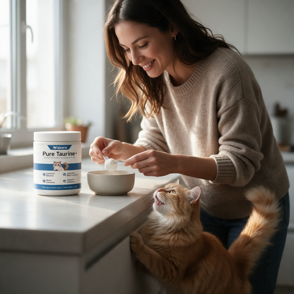 Owner scooping Pure Taurine+ into breakfast