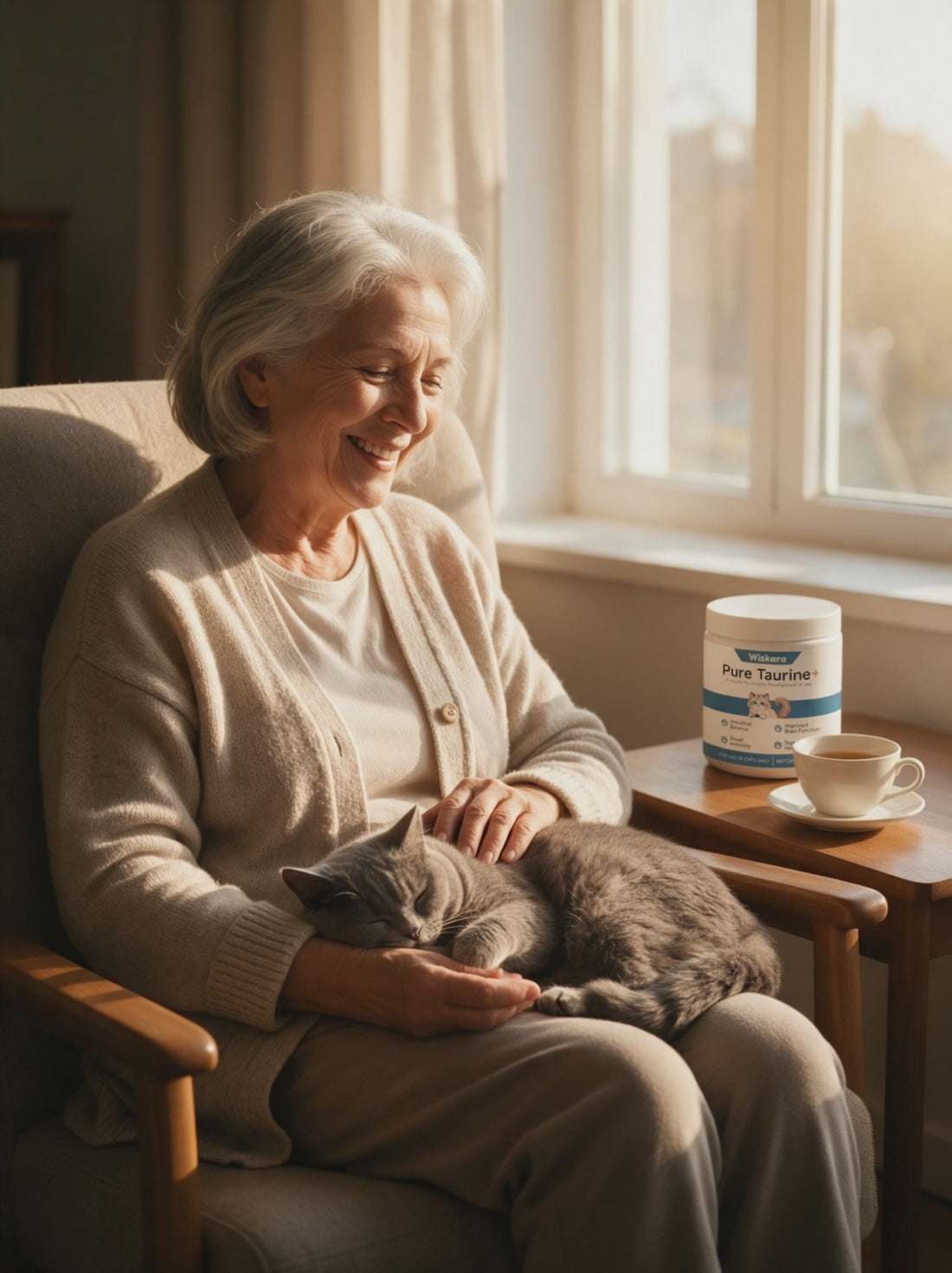 Senior cat relaxing on its owner's lap